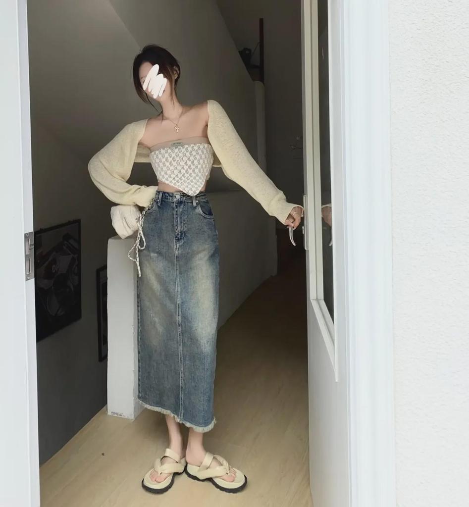 Women's Elastic Denim Retro Slit Skirt - High Waist, Slim, Straight, Medium Length, Autumn Style