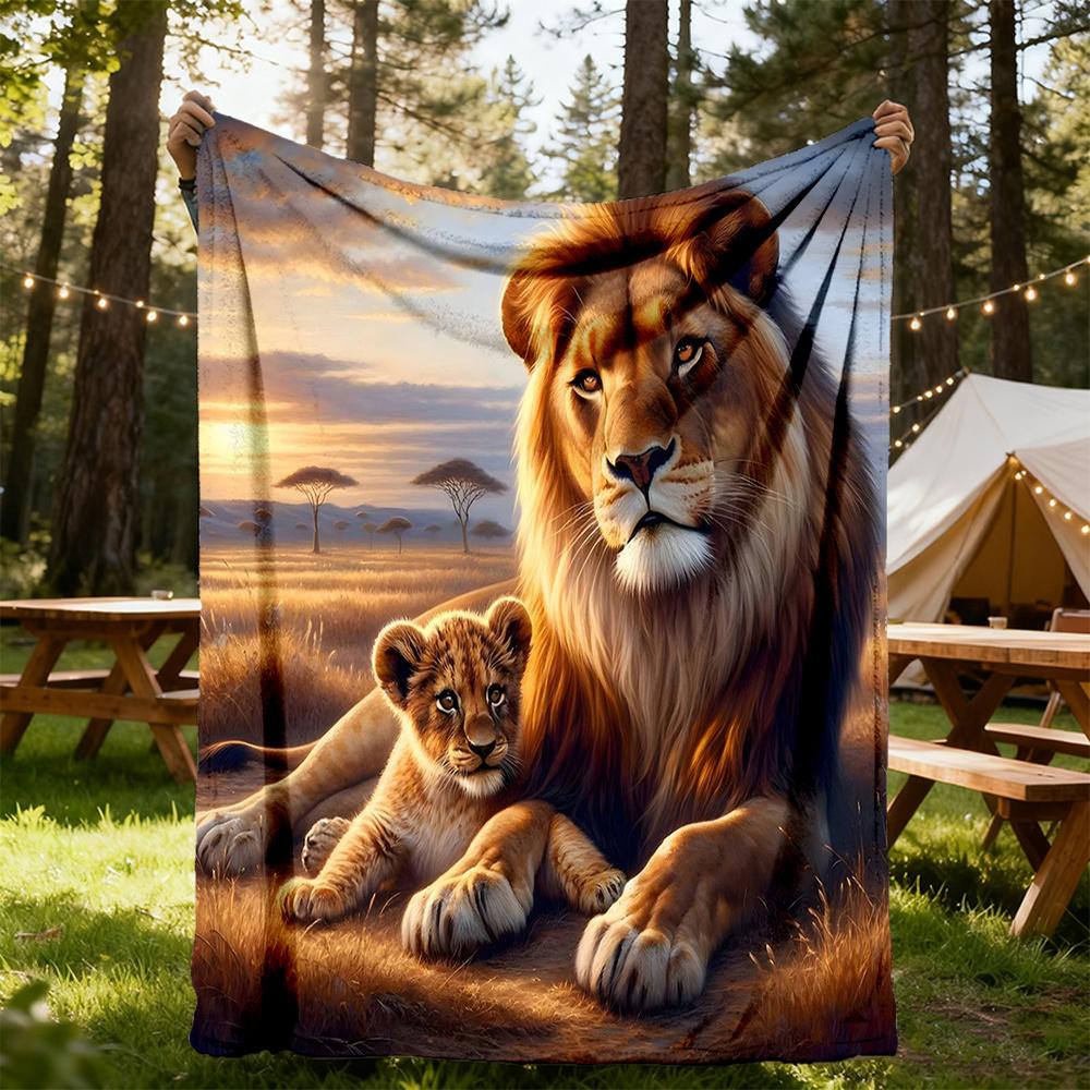 1pc Lion Cubs Flannel Blanket, Comfortable and Warm Blanket, for Camping Sofa Bed and Couch Office040