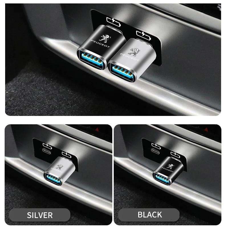 1pcs New Car Type-C To USB Interface Mini Converter Charging Adapter logo For Peugeot 206 208 306 307 308 407 408 508 2008 3008