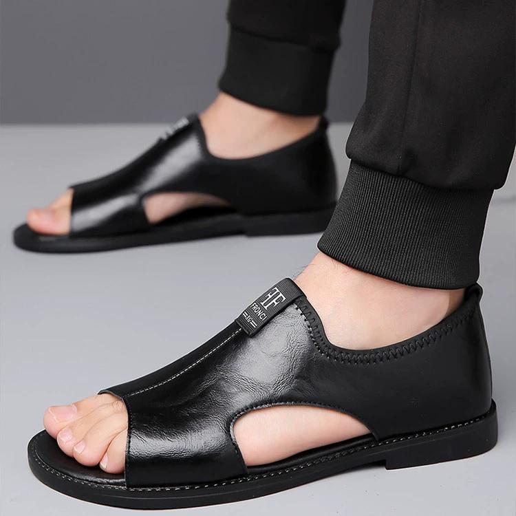 Sandalias casuales sin cordones para hombre, zapatos negros con punta abierta y suela de goma, sandalias con tiras para uso al aire libre en primavera y verano