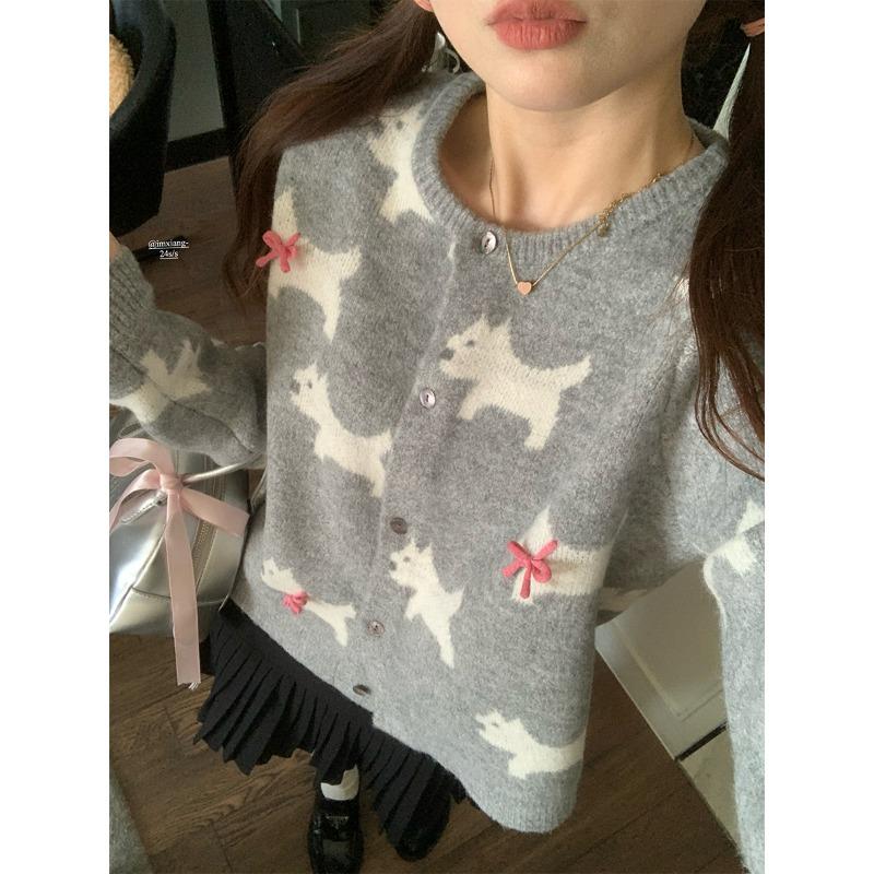 

Autumn new bow puppy three-dimensional jacquard crew neck knitted sweater women s sweet sweater cardigan jacket S