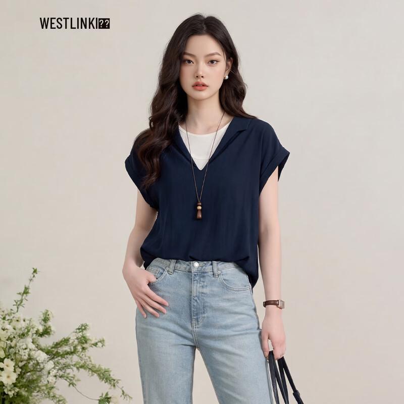 Westlink French Style Color-Block Short Sleeve Blouse M