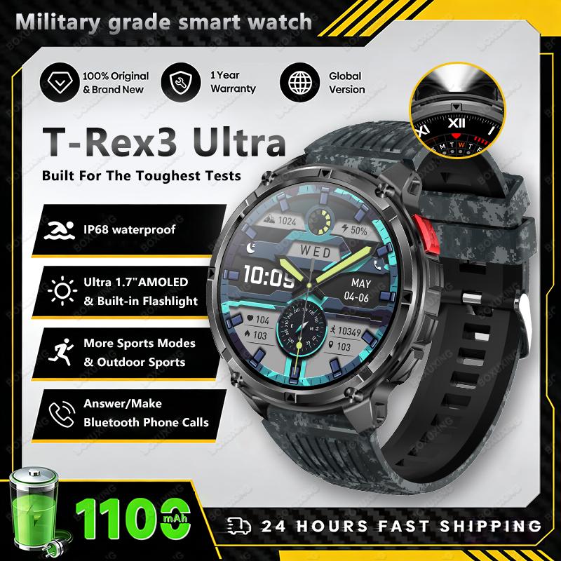 New T-Rex3 Ultra Men SmartWatch 1100mAh Battery Compass LED Flashlight Heart Rate Sports Track IP68 Waterproof Smartwatches