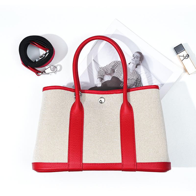 Niche high-end women's leather handbag, first-layer cowhide large-capacity canvas contrasting color garden tote bag
