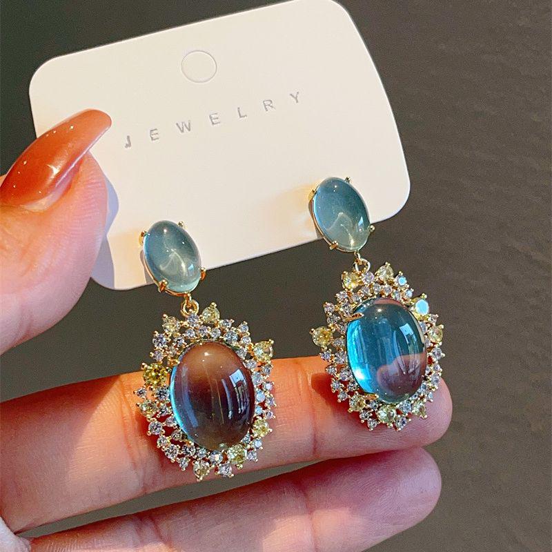 Mint Blue Cat's Eye Zircon Dangle Earrings - Retro High-End Elegance