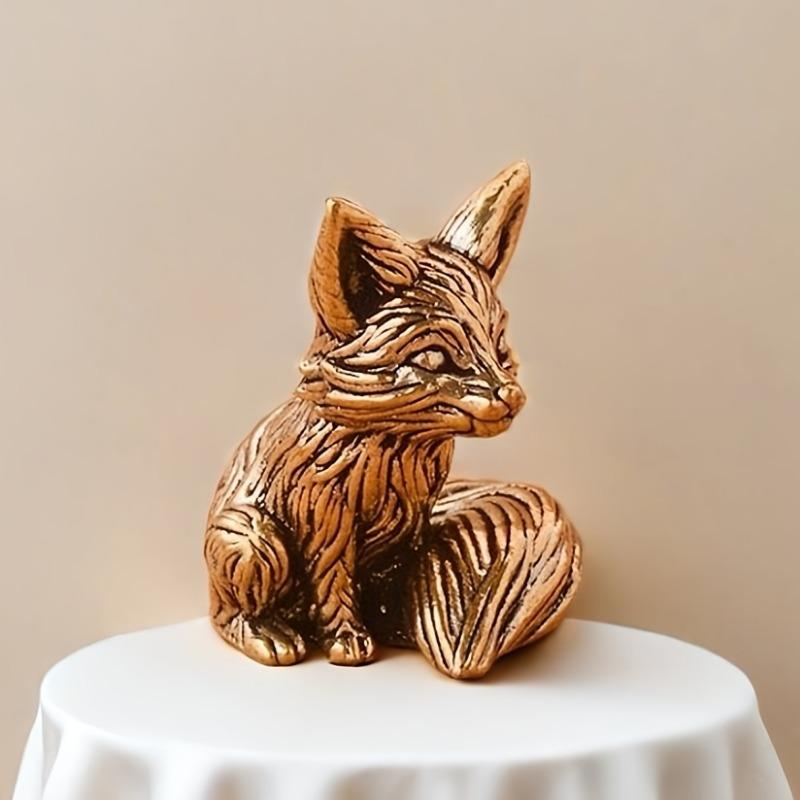 Vintage Brass Solid Fox Ornament for Study Desk Office Desktop Tea Pet Small Bronze Handicraft