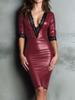 European & American Slim V-Neck Lace-Trim PU Leather Bodycon Dress for Women