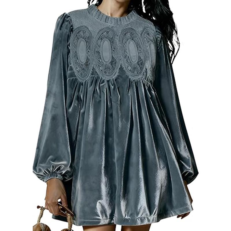 

Women s Velvet A-line Dress with Lace, Pleated Hem, and Lantern Sleeves. Large