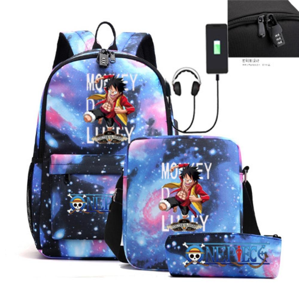 Riman Zaino con lucchetto USB ONE PIECE borsa a tracolla borsa da scuola per studenti astuccio set da tre pezzi uomo e donna