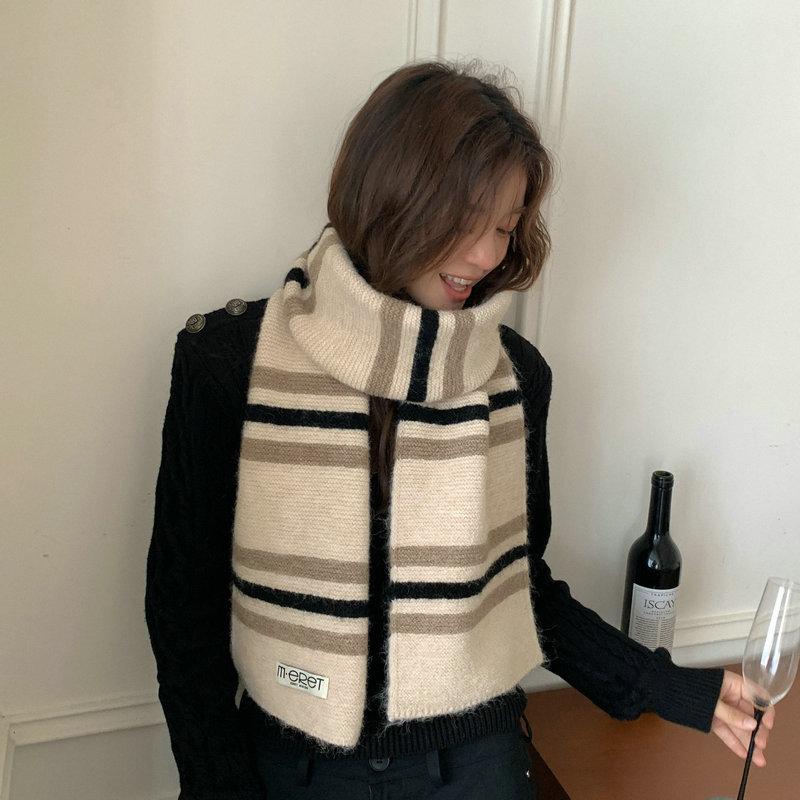 Contains knitted striped couple scarf female Korean version autumn and winter new versatile warm color matching student scarf