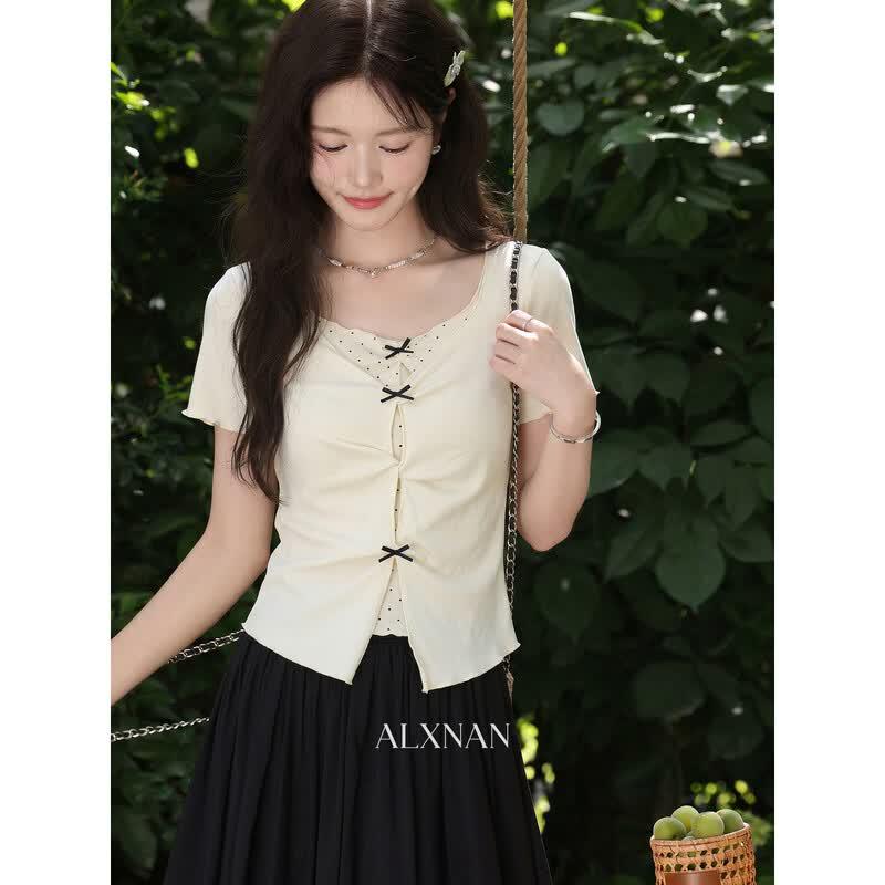 Women s Faux Two-Piece Polka Dot T-Shirt S