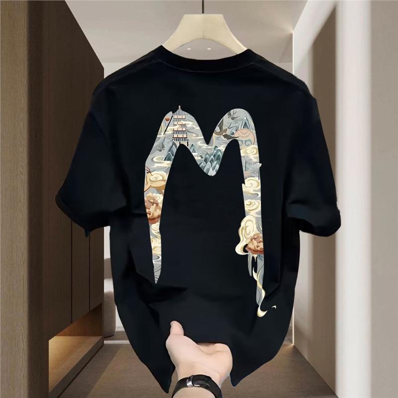 T-Shirt Top Versatile Heavy Men'S And Women'S Same Style Printed Classic Letter M Round Neck Pure Cotton Short Sleeves