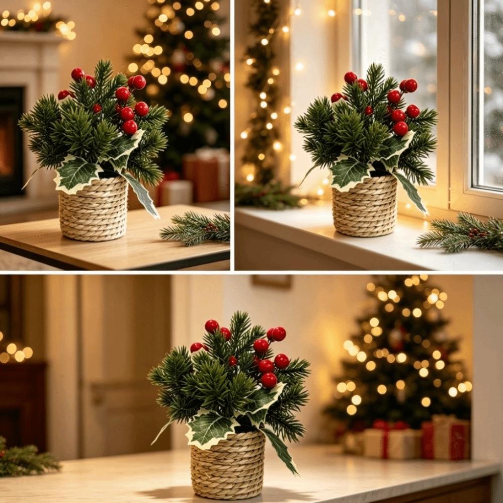 Red Berry Faux Holly Pine Cone Ornament Woven Basket Christmas Mini Potted Plant Home Decor