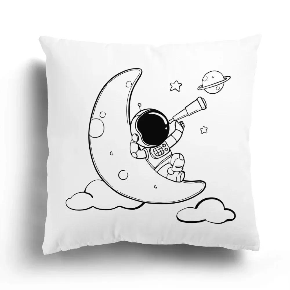Fashion Black and White Sky Cartoon Astronaut Home Sofa Cushion Cover Cartoon Pattern Room Bedroom Pillowcase Decoration