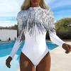 Damen Langarm Einteiler Badeanzug Reißverschluss Vorne Textur Farbverlauf Print Rash Guard Surfen Badeanzug