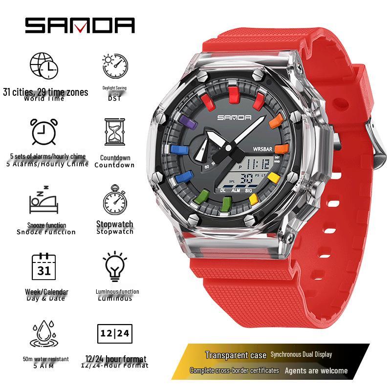 Sanda Octagonal Transparent Multifunctional Waterproof Unisex Wristwatch