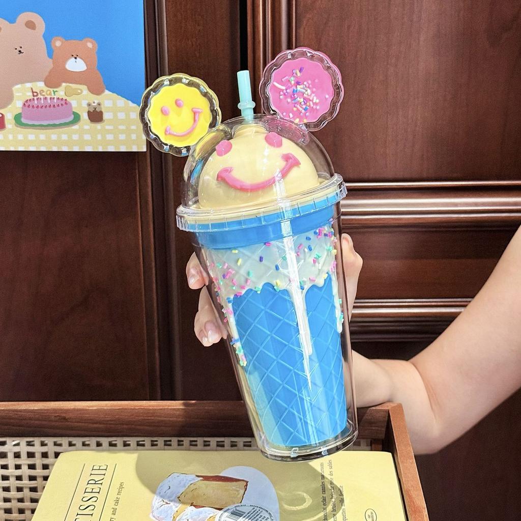 Fashion and Creative Smiley Face Water Cup Large Capacity Bingba Straw Cup Plastic Cup Exquisite Lady Gift