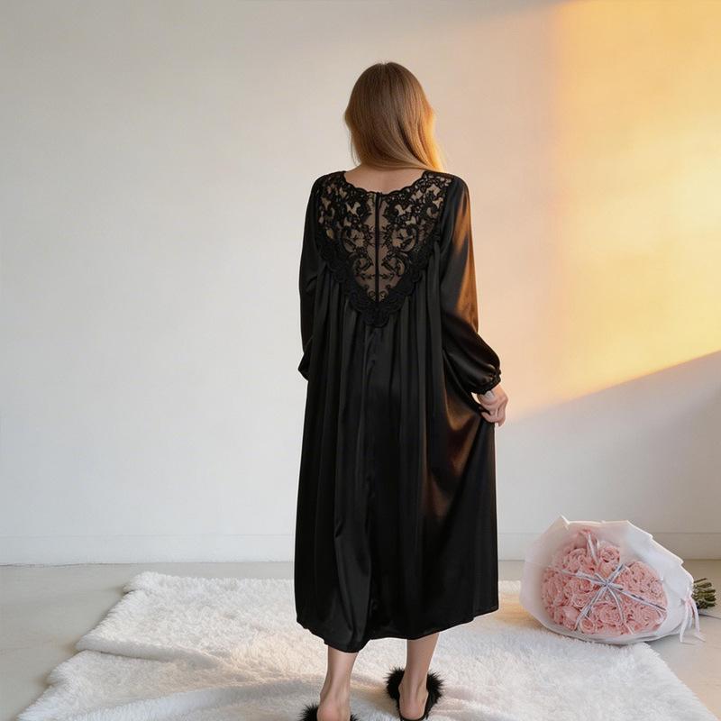 Verlängertes Nachthemd Damen Sommer Spitze Schöner Rücken Große Größe Locker Dünne Eis Seide Pyjama Sexy Reiner Wunsch Langärmeliges Kleid