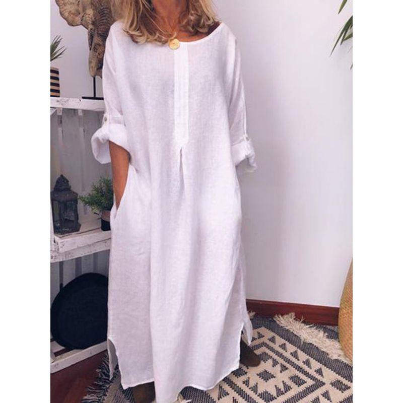 

Solid Color round Neck Long Sleeve Dress Pure Color round-Neck Long-Sleeved Dress White S