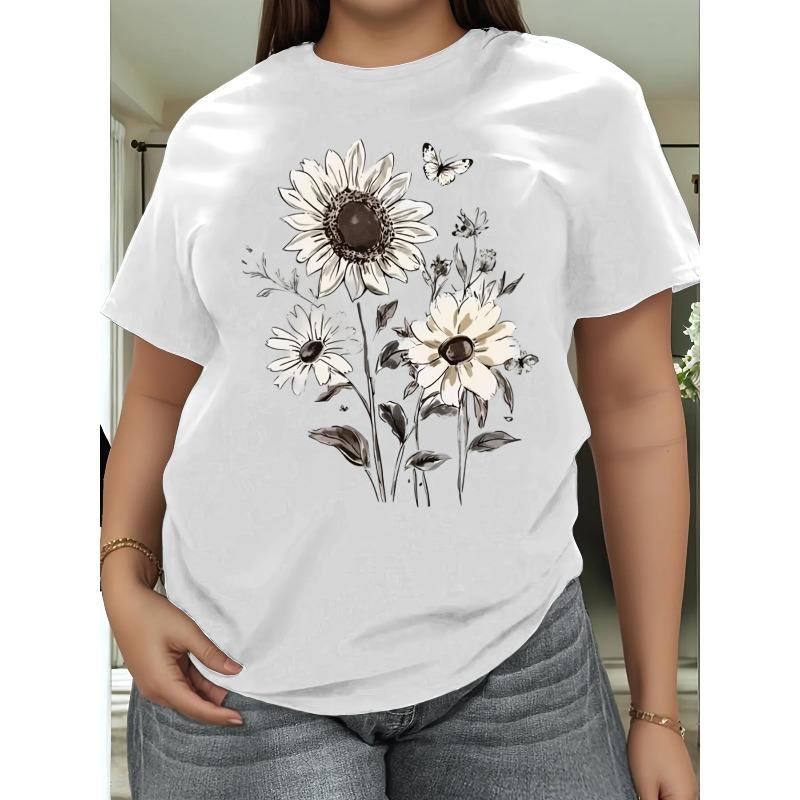 Women T-Shirt Black White Daisy Floral Print Round Neck Short Sleeve Loose Lightweight Spring Summer Casual Top
