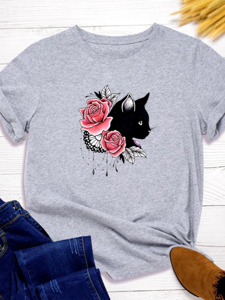 

Черная кошка Цветочный Принт Женская Футболка Короткий Рукав O Шеи Свободная Женская Футболка Женская Модная Футболка Топы Camisetas Mujer XXXL светло-серый