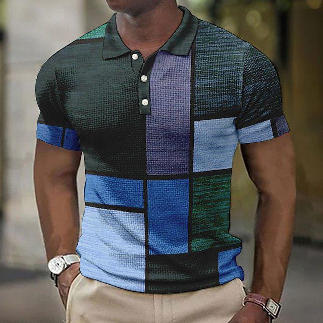 Summer Men's 3D Print Polo Shirt with Plaid and Geometric Patterns
