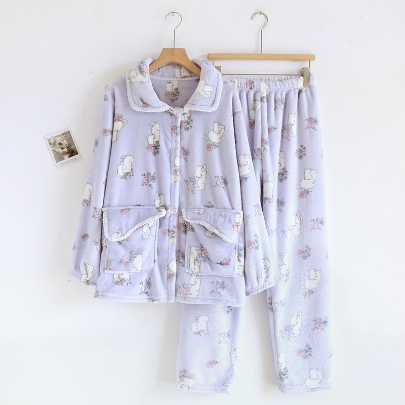 Sweet Bear Thicken Coral Velvet Pajamas Sets Women Fresh Winter Flannel Keep Warm Homewear Long-sleeved Sleepwear