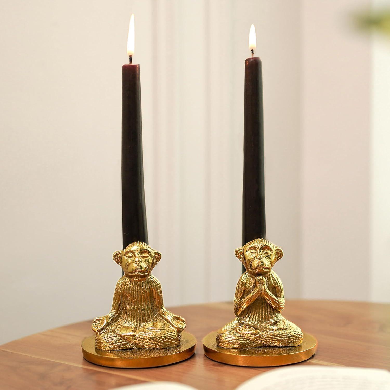 

Aluminium Pair of Yoga Monkey Candle Holder for Home Decoration | Antique Gold Decorative Stag Candle Stand for Home Decor