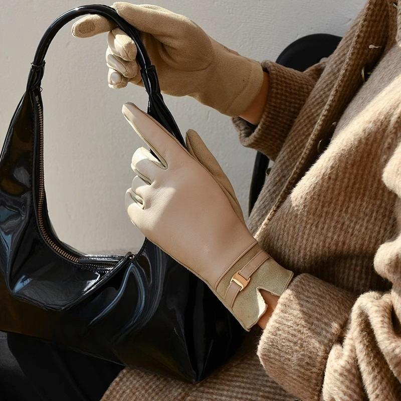 New Leather Gloves Women's Winter Warm Fleece Thickened Touch Screen Winter Driving Finger Gloves