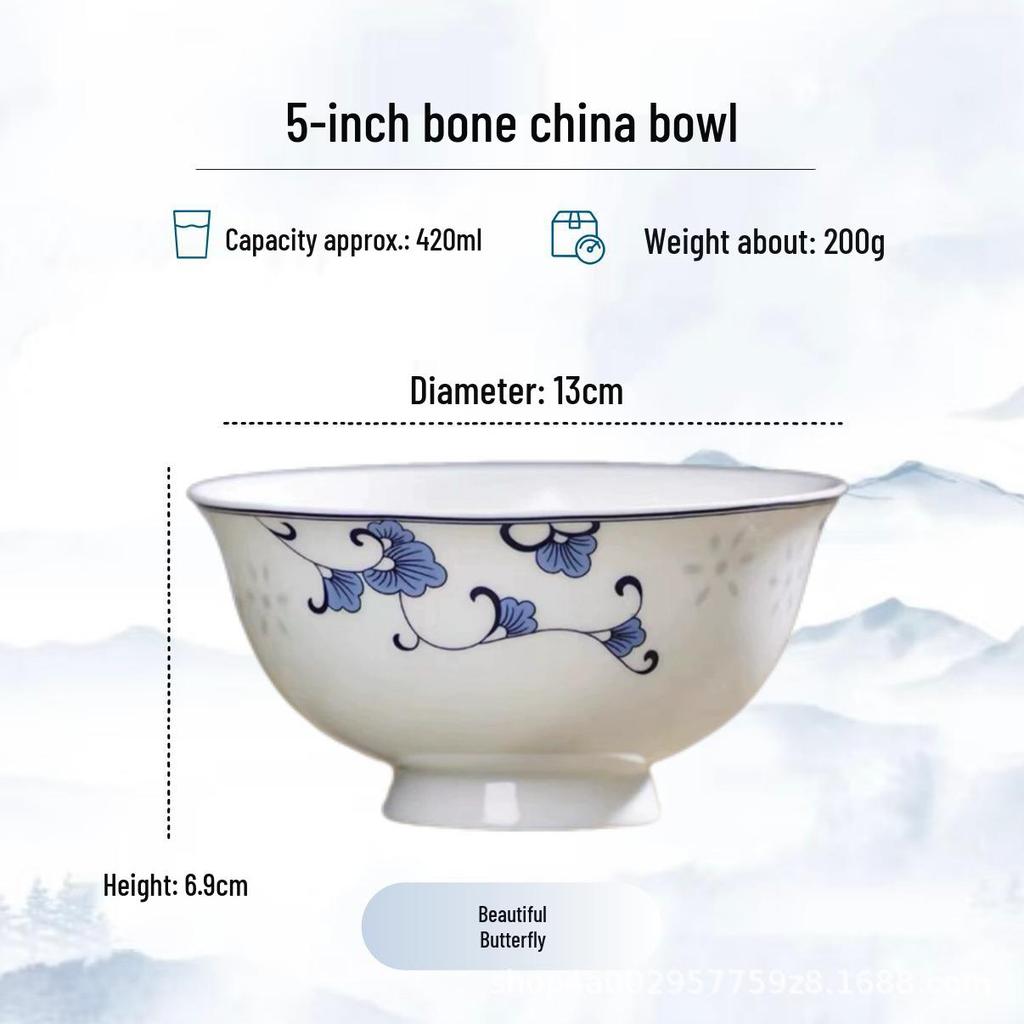Blue and White High-Foot Bone China Noodle Bowl - Chinese-Style, Anti-Scald, Customizable for Birthdays