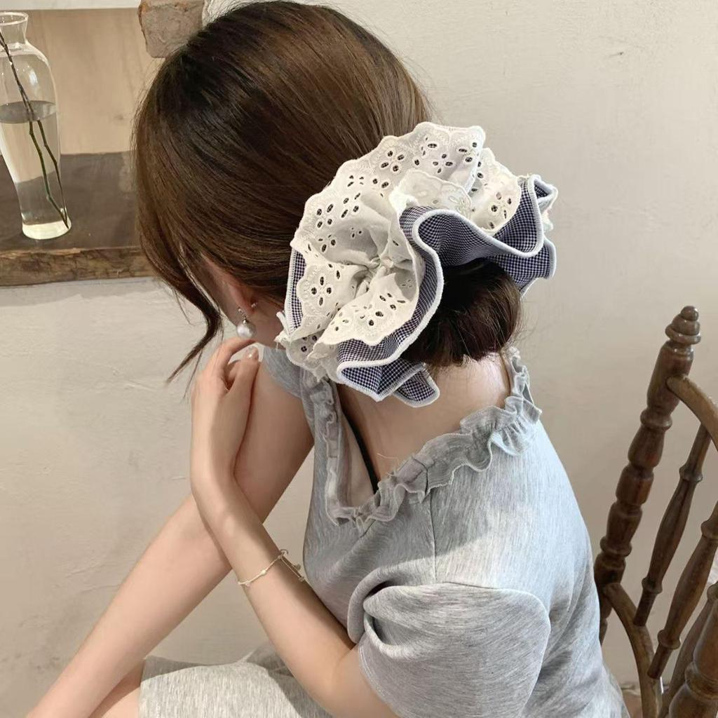 Korean Lace Plaid Scarf Hair Tie - Elegant Ponytail Accessory