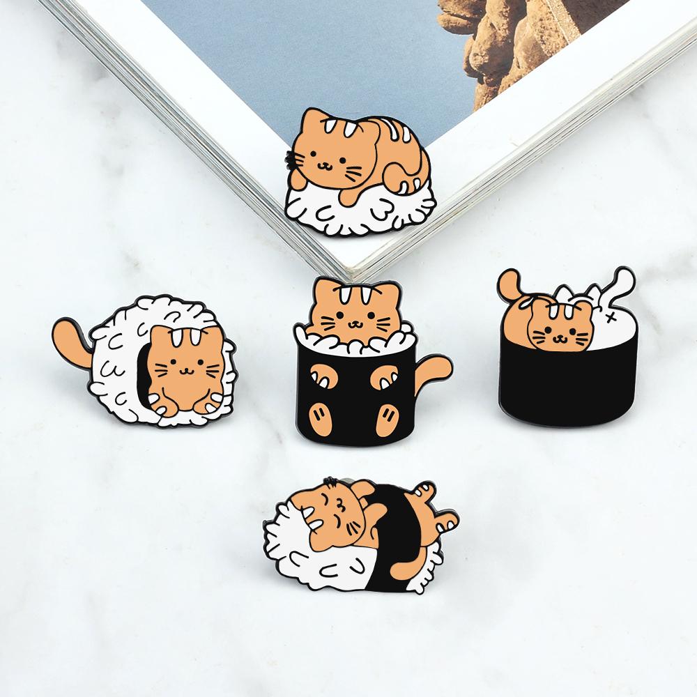 3-5pcs/set Funny Animal Cats Goose Brooch  Punk Ghost Moon Phase Cat Lapel Pins Cute Sushi Kitten Enamel Badge Bag Jewelry Gifts