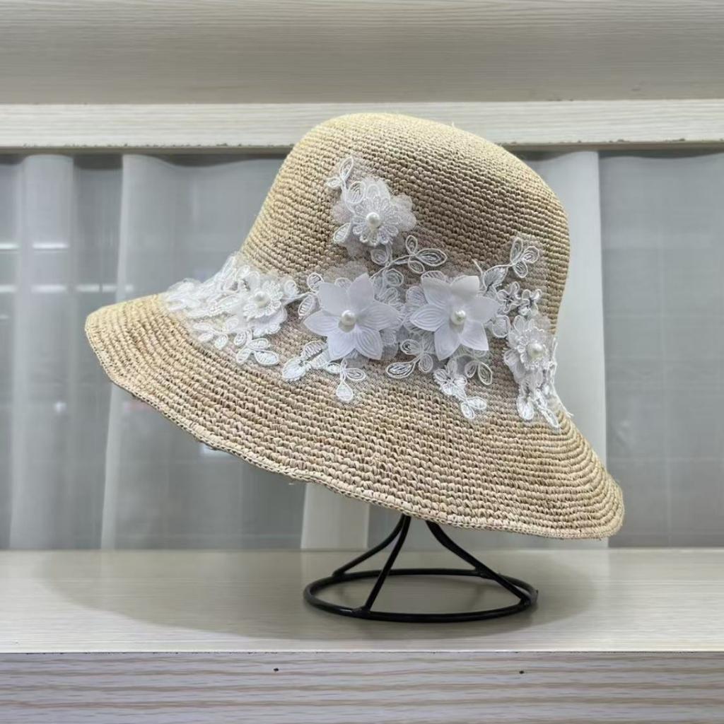 Japanese elegant lace bow sunshade straw hat women's summer travel seaside sunscreen basin hat vacation beach sun hat