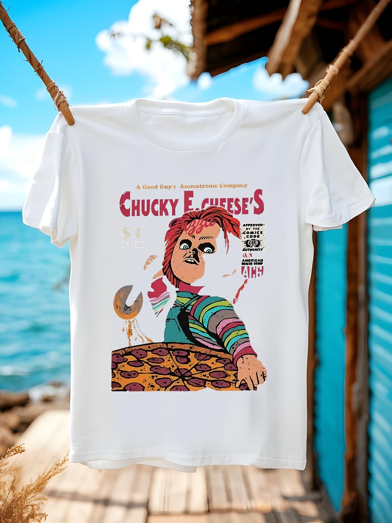 Chucky S Pizza Chucky T-shirt - 100% Cotton Novelty Graphic Tee with Cartoon Character & Pizza Design S