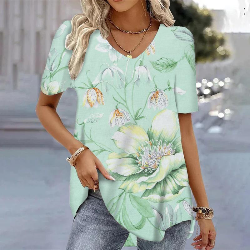 Frühling Vintage Damen V-Ausschnitt Kurzarm T-Shirt für Frauen Lose Tops 3D-Druck Sommer Tees Shirts Übergroße weibliche Kleidung