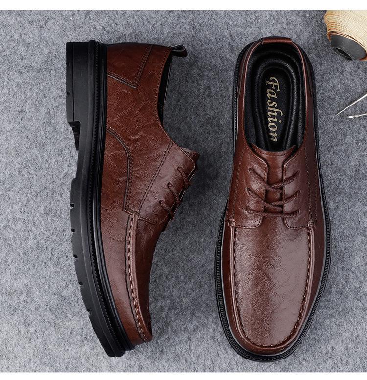 Men's Casual Leather Work Shoes - Low-Top, Height-Increasing, Handmade Cowhide, British Style