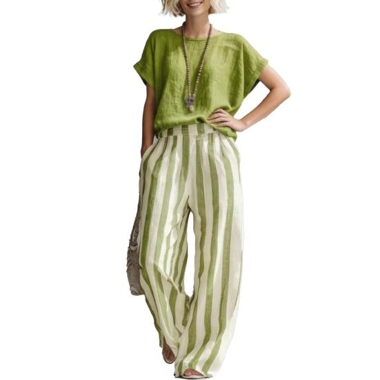 Summer 2 Piece Sets for Women Short Sleeve Crew Neck Top And Wide Leg Pants Sets Casual Striped Loungewear Outfits
