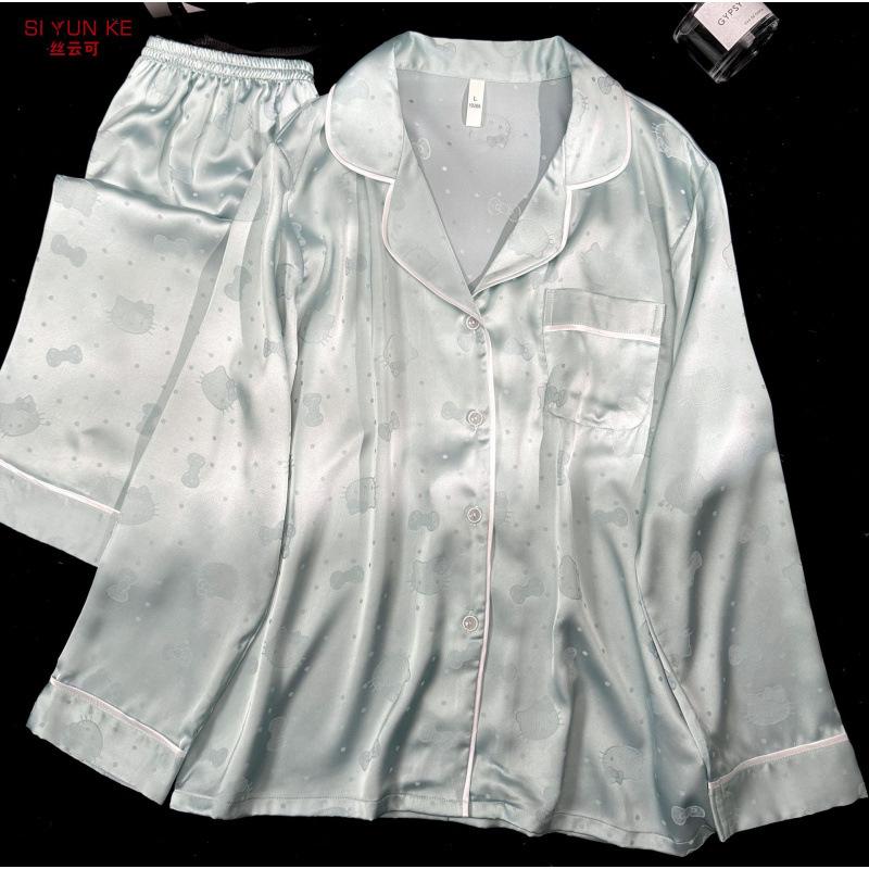 [Meow Meow] New ice silk pajamas women's streamer long-sleeved solid color jacquard KT high-end light luxury loungewear can be worn outside
