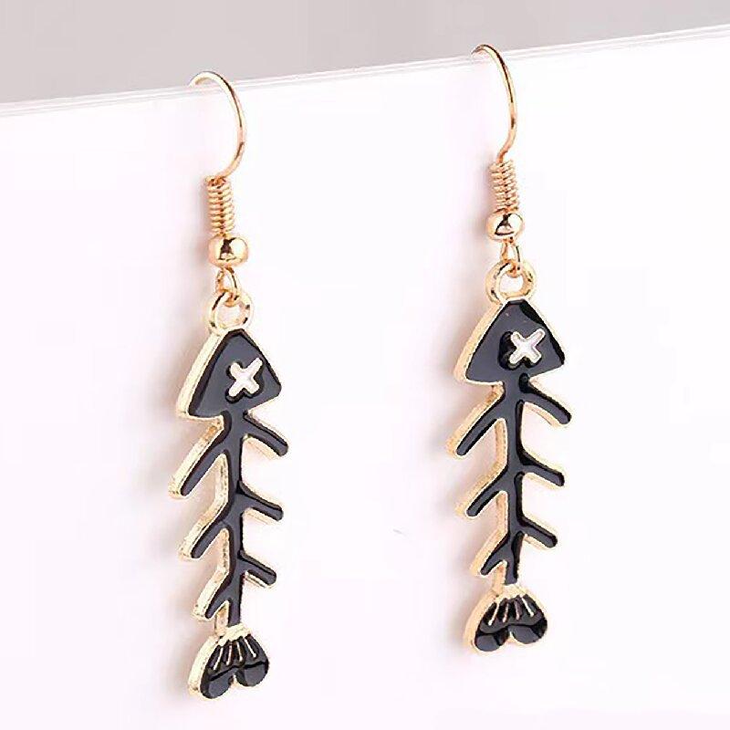Women's Cute Cartoon Fishbone Dangle Earrings, Colorful Enamel Creative Fun Edgy Statement Fashion Jewelry