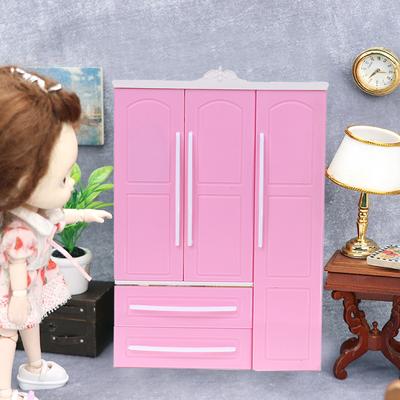 Three-Door Pink Modern Wardrobe For Dolls Furniture Clothes Accessories Toys