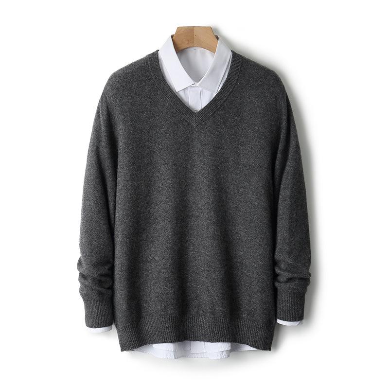Men's V-Neck 100% Pure Wool Sweater - Solid Color, Short/Long Sleeve, Cashmere Knit Base Layer for Autumn/Winter