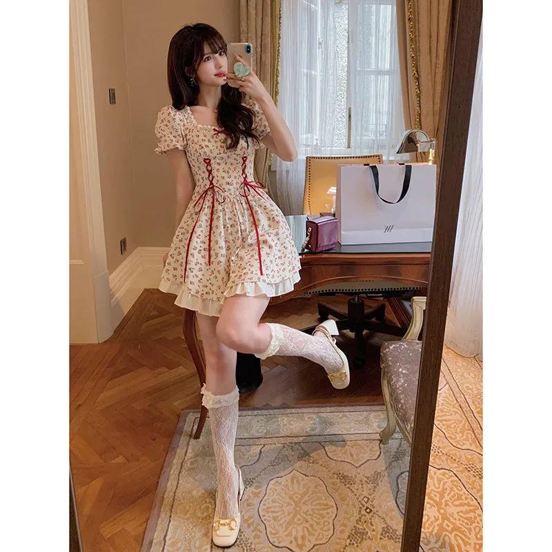 2026 Summer Floral Puff Sleeve Dress with Bow Tie & Lace Ruffle