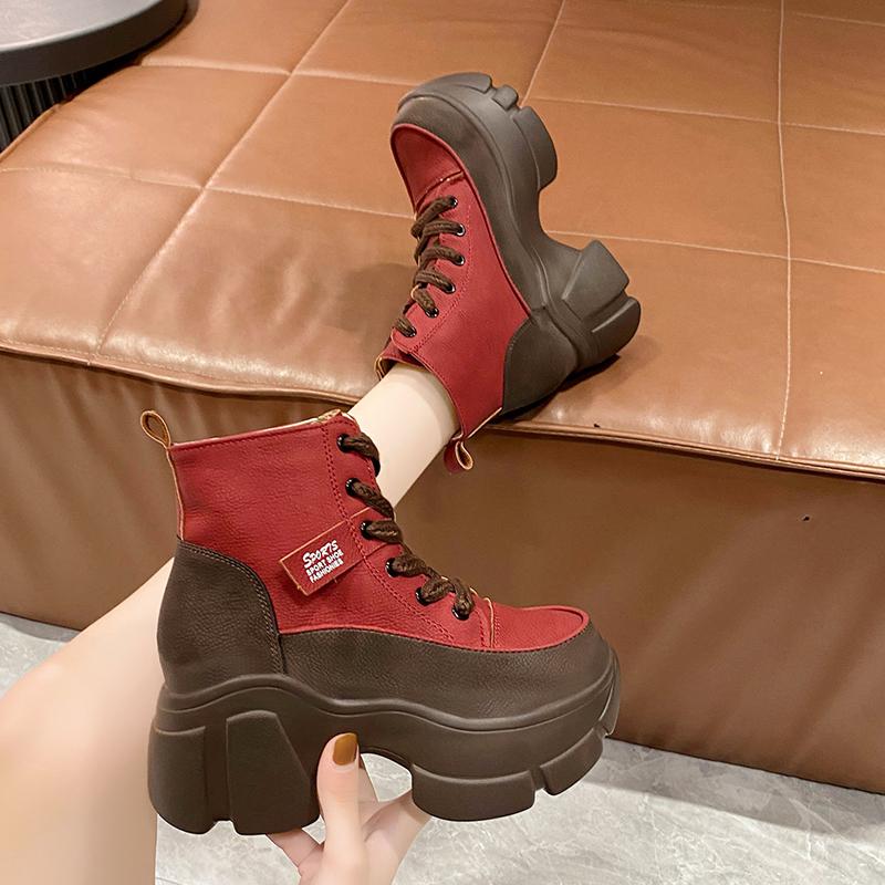 Retro Women's Sneakers High Quality Leather Platform Lace Up Round Head Mixed Colors High-top Increase Height Wedges Sport Shoes