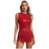 Frauen Pailletten Latin Jazz Dance Kostüm Ärmelloses Ausschnitt Zurück Flowy Quaste Kleid Trikot Ballett Dancewear