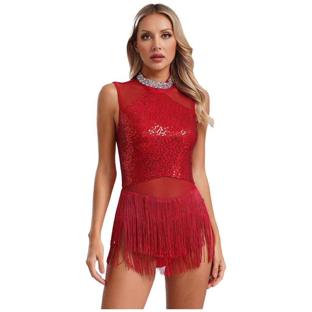 Frauen Pailletten Latin Jazz Dance Kostüm Ärmelloses Ausschnitt Zurück Flowy Quaste Kleid Trikot Ballett Dancewear