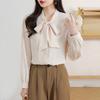 Women Shirt Lace-up Bowknot Collar Long Sleeve Casual Shirt Solid Color Loose Fit Chiffon Shirt Tops Daily Wear