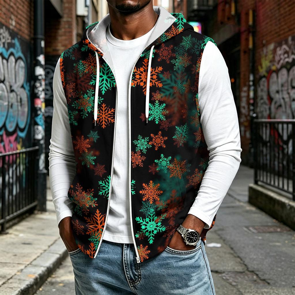 Herren Kapuzen-Ärmellose Lässige Reißverschluss-Sportweste mit Weihnachtsdruck Feiertagsparty-Outfit