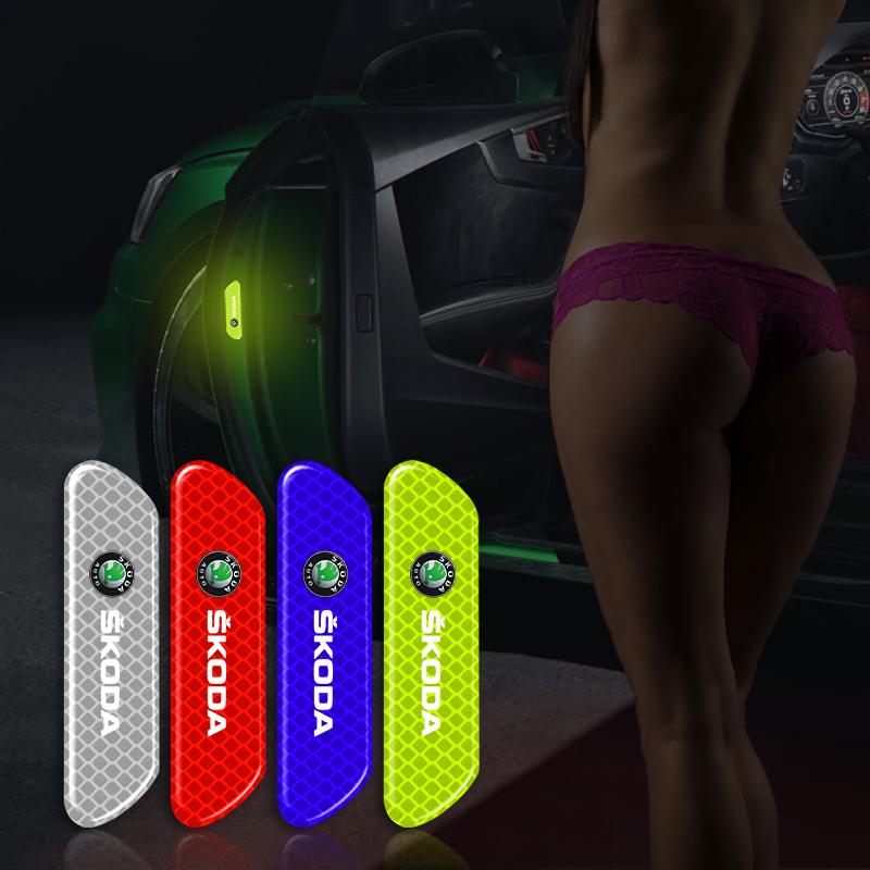 4PCS Car Door Safety Warning Reflective Mark Sticker Emblem For Skoda Octavia Superb Rapid Kodiaq Karoq Fabia Kamiq Roomster Citigo