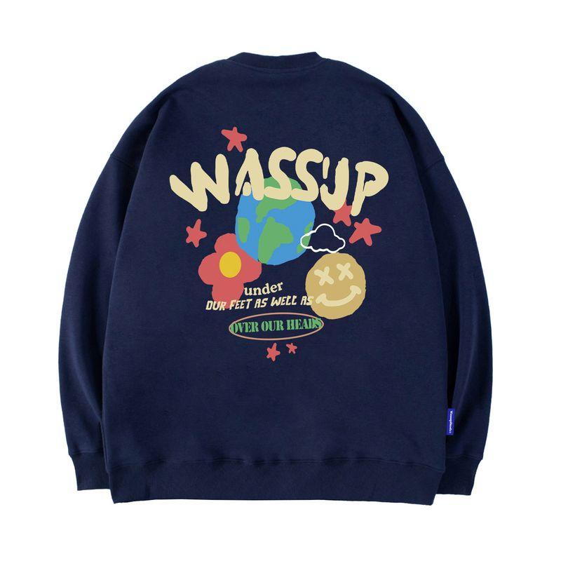 Wassup Heods Fleece-Lined Crewneck Sweatshirt for Men, Trendy American High Street Style, Loose Fit Top, Heavyweight Autumn and Winter Couple Wear