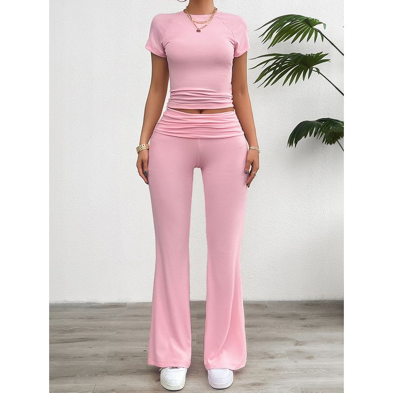 Slim Fit T-shirt Solid Color Pants Set Silm T-shirt Pure Color Pants Suit